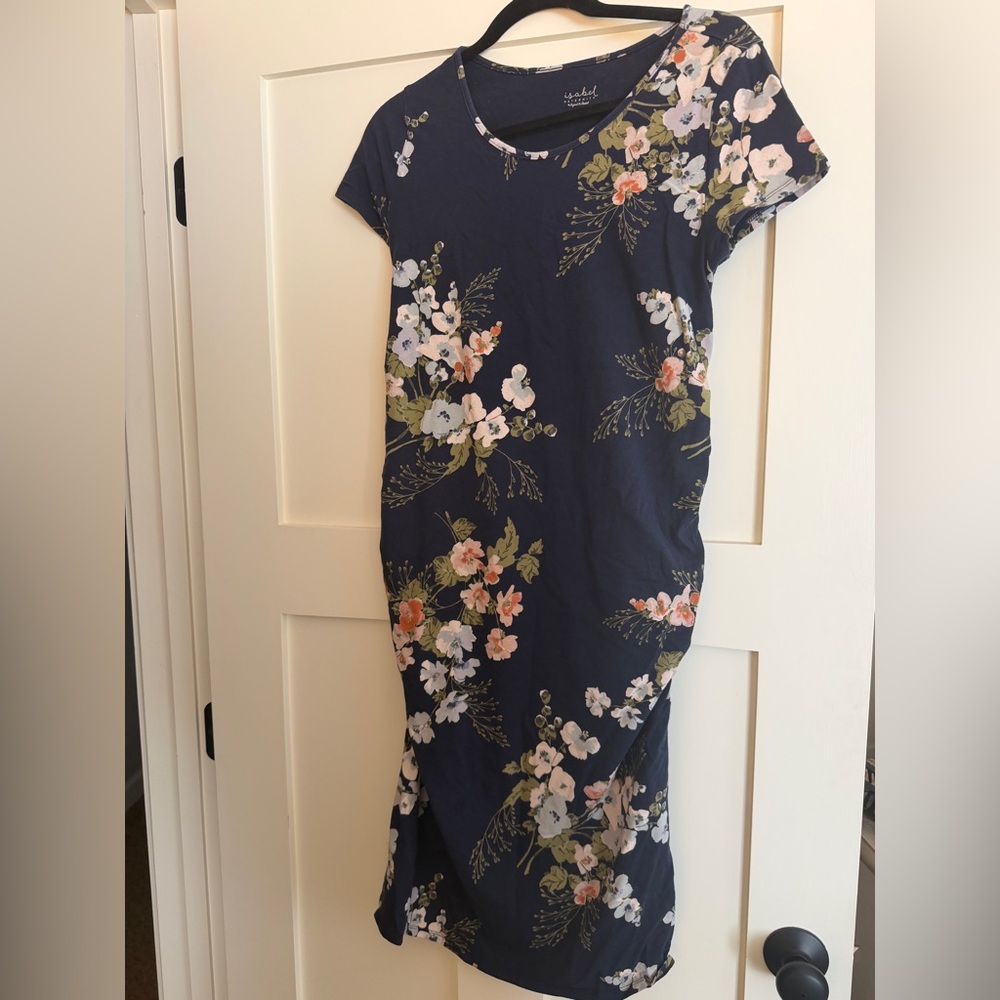 Navy Floral Cap-Sleeve Midi Dress
